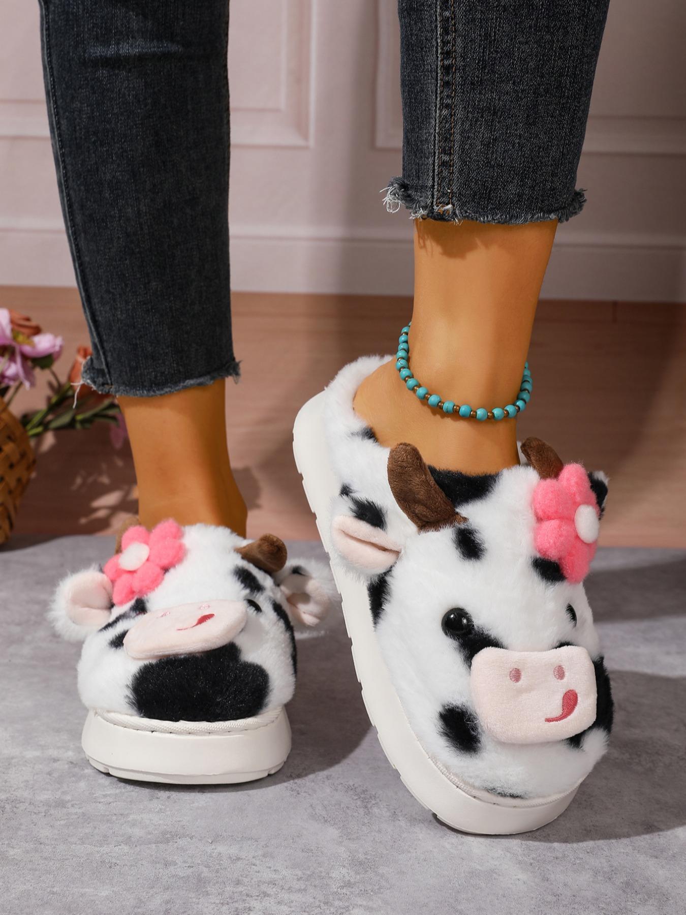 Women's Cute Cow Design Plush Slippers, Warm Bedroom Soft Slippers, Indoor Outdoor Silent Non-Slip Slippers, Casual Animal Pattern,Christmas Gifts For GF