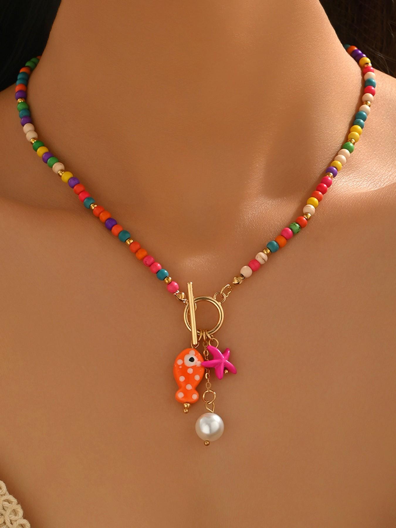 Summer Ceramic Fish Starfish Tassel Pearl Beaded OT Buckle Charms Necklace, Cute Summer Jewelry, Perfect Gift for Women and Girls