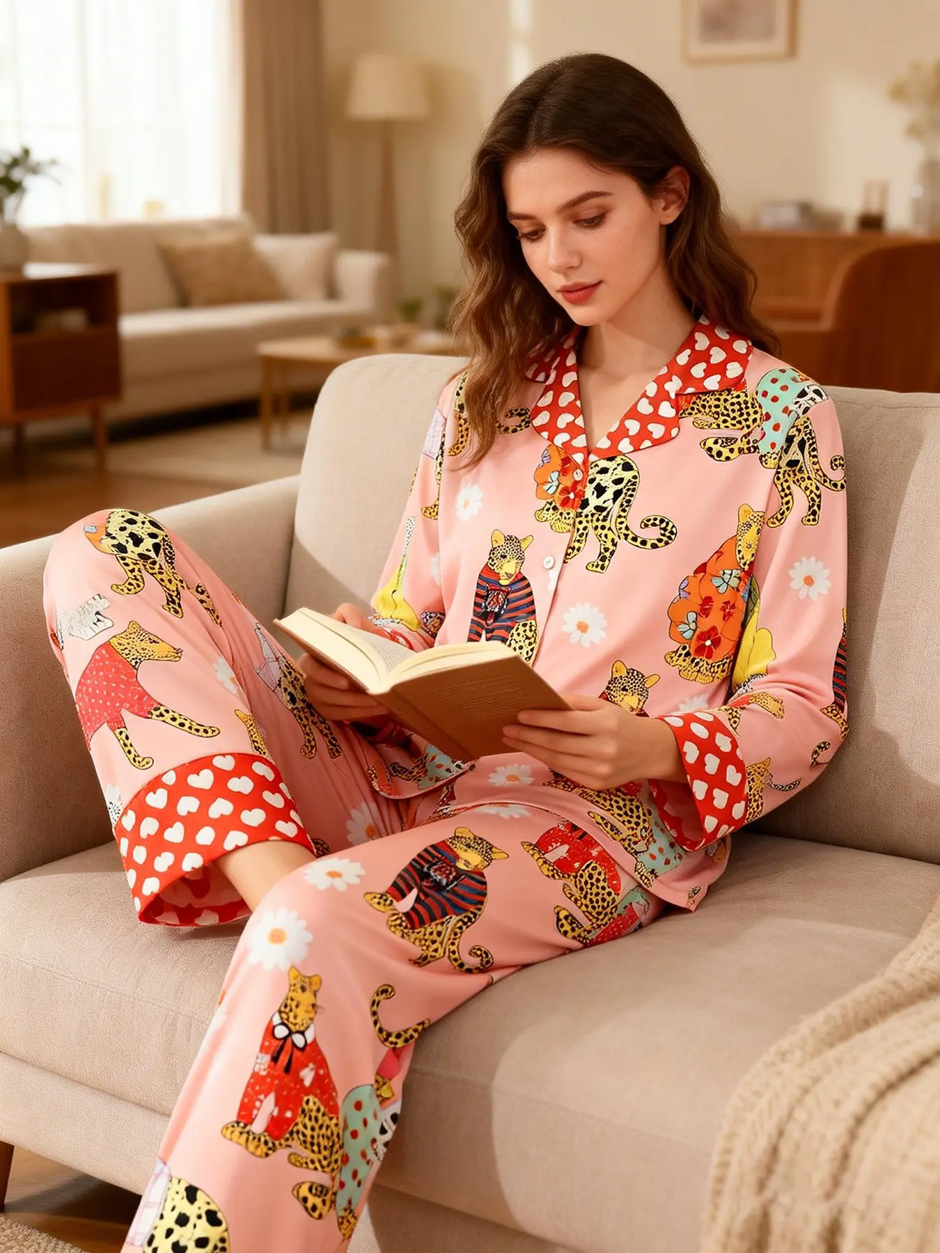 Two-piece Set Women's Heart & Leopard Print Lapel Neck Pajama, Long Sleeve Button Up Top & Elastic Waist Pants Pj Set, Casual Comfortable Sleepwear Loungewear Homewear Set for Women