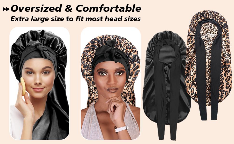 2 Count Satin Braid Bonnet for Women - Large Silk Sleep Cap with Stretchy Tie Band for Braids Haircare Soft Elastic Heatless (Black&Leopard Print)