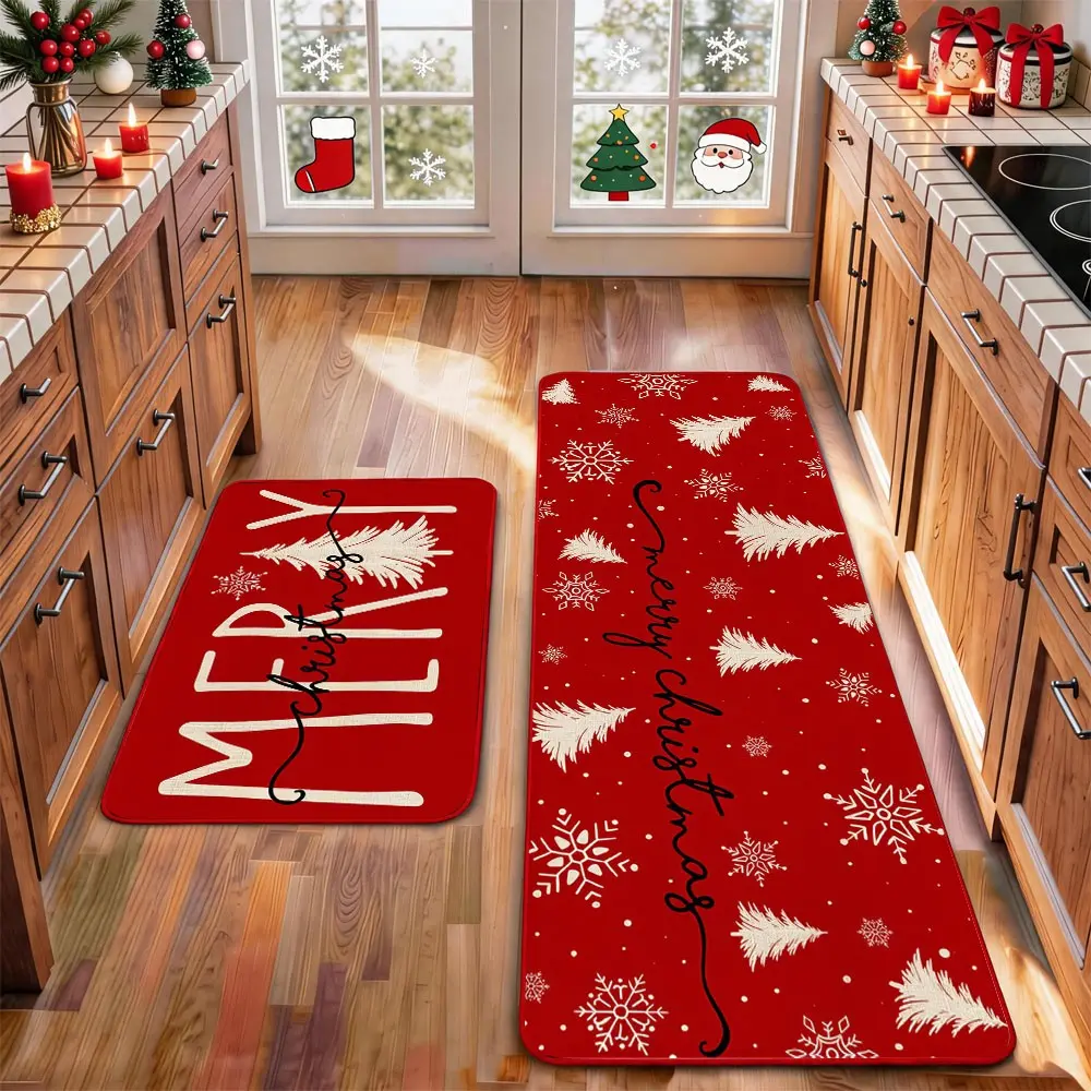 2 Pcs Christmas Kitchen Rug Mat Gnomes Gingerbread Tree Santa Clause Snowflake Red Black Floor Mat Set Farmhouse Kitchen Rug Non Slip Restaurant Floor Dining Room Laundry Room Decor Carpet Mat Winter Decor Home Decor Rug