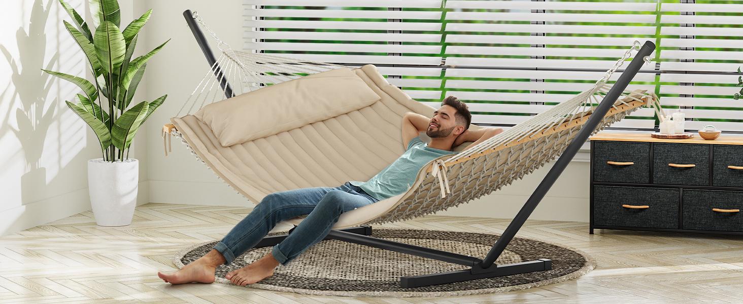 Yitahome Hammock with Stand Included Hammock Heavy Duty Hammocks with 12FT Steel Stand Waterproof Portable Hammock with Pillow 450lbs for Outdoors,Backyard,Patio-Beige