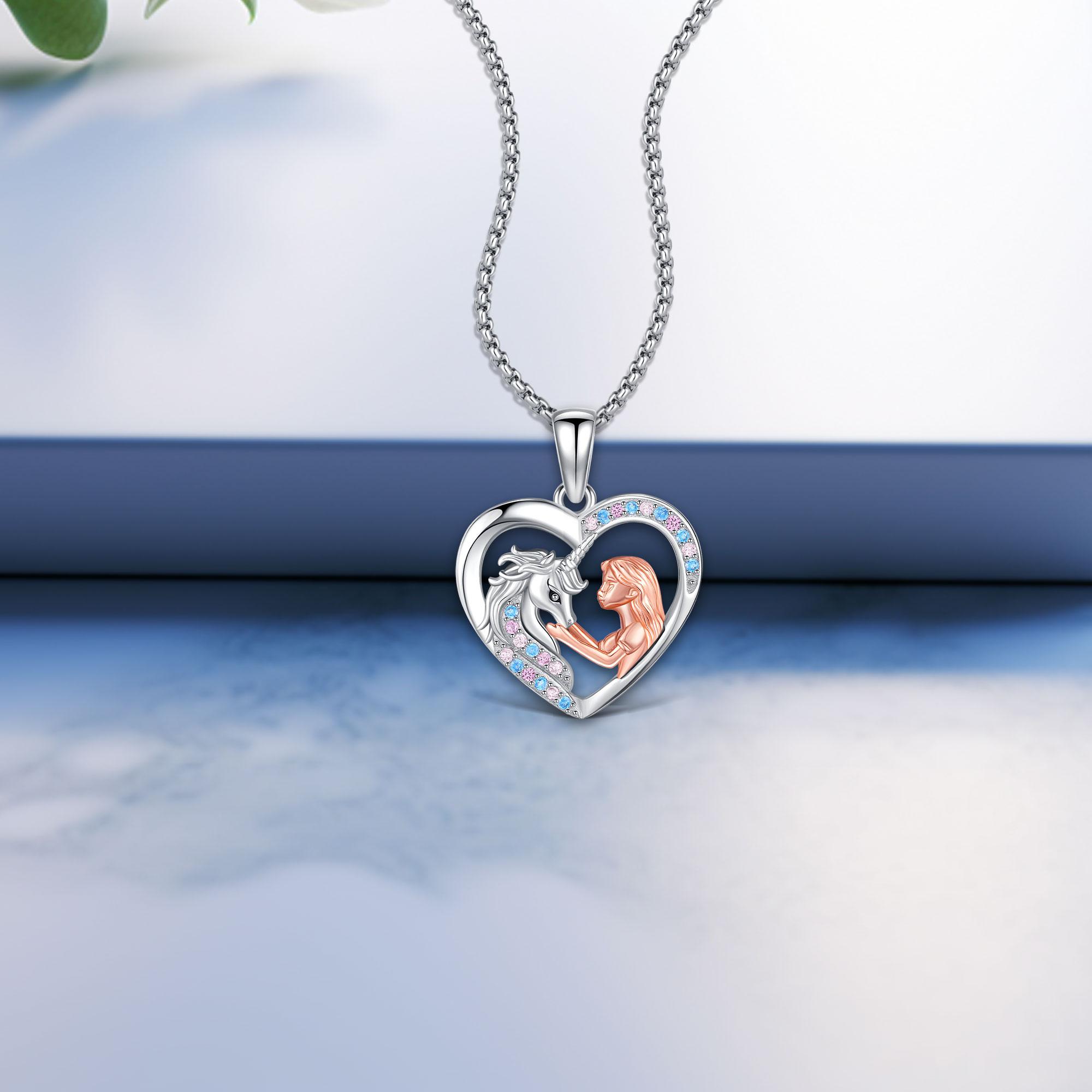 DRINSPER S925 Girl with Unicorn Pendant Necklace 925 Sterling Silver Heart Pendant With Rainbow Zirconia Cubic Jewelry Gift For Women Girls For Christmas Birthday Valentine Anniversary Holiday DRINSPER S925 Girl with Unicorn Pendant Necklace 925 Sterling Silver Heart Pendant With Rainbow Zirconia Cubic Jewelry Gift For Women Girls For Christmas Birthday Valentine Anniversary Holiday