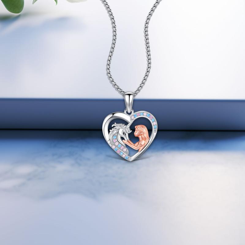 DRINSPER S925 Girl with Unicorn Pendant Necklace 925 Sterling Silver Heart Pendant With Rainbow Zirconia Cubic Jewelry Gift For Women Girls For Christmas Birthday Valentine Anniversary Holiday