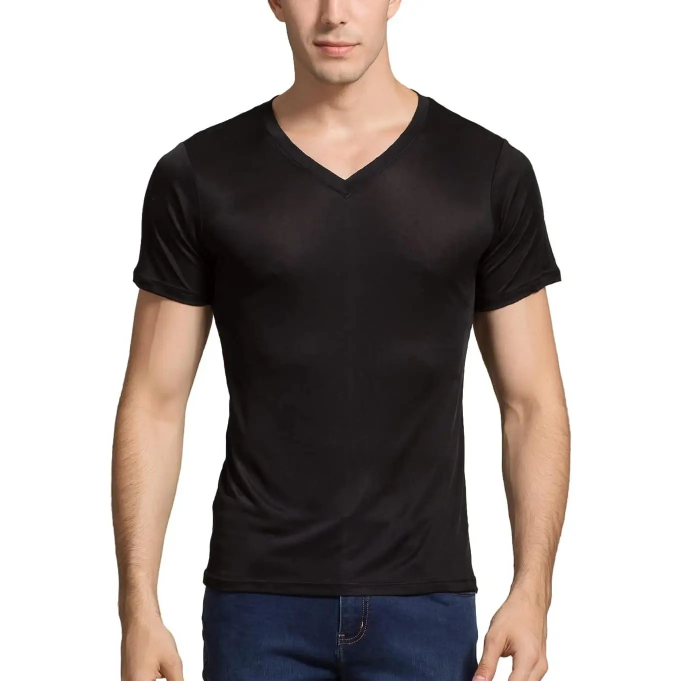 Men's Soft Knitted Basic Plain Mulberry Silk Short-Sleeve V-Neck Undershirt, Breathable Moisture-Wicking Tee Top
