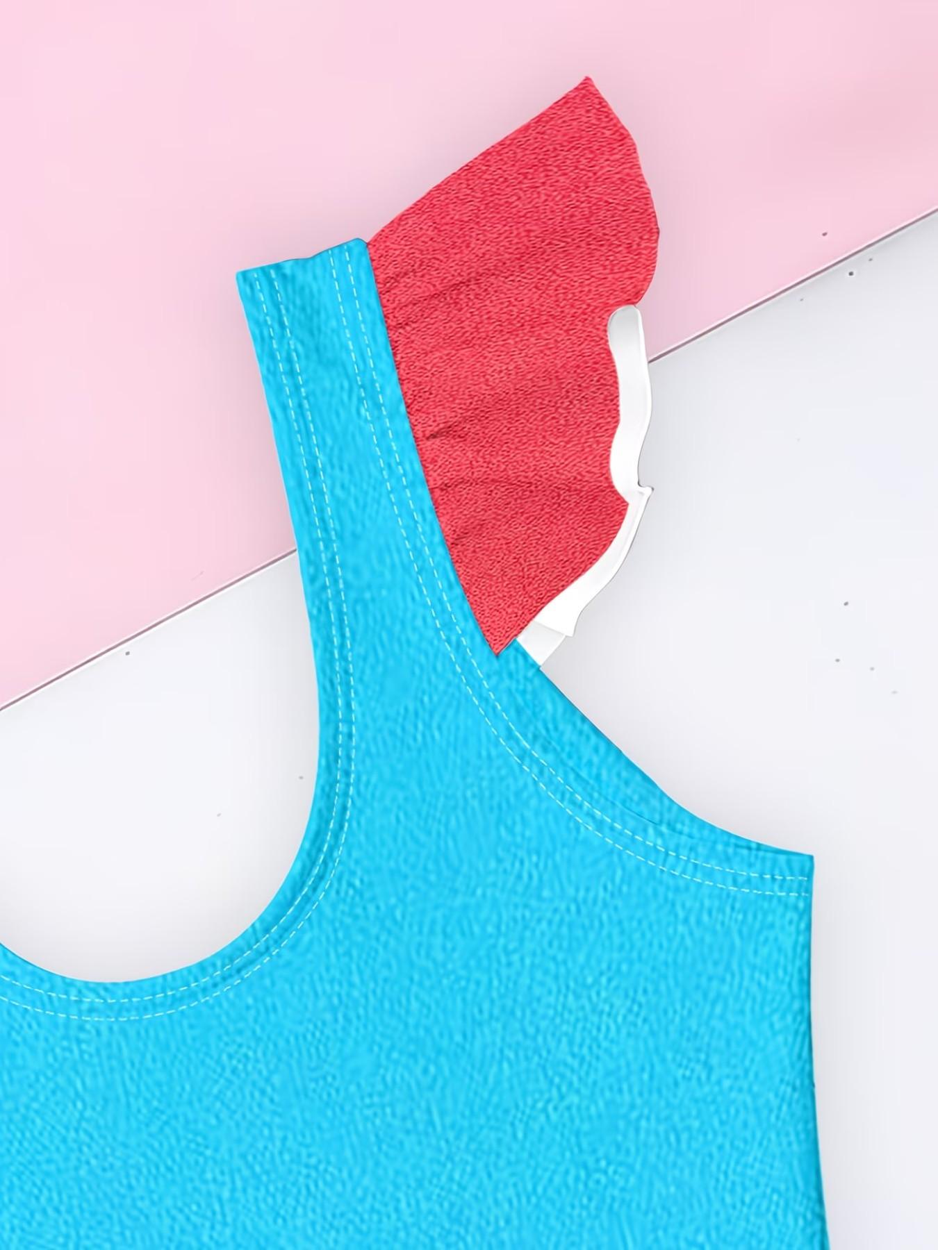 Girls' Capibara Pattern Jumpsuit, Cute Cartoon Print, Ruffled Quick-Dry Swimwear, Fashionable Beach Party, Sporty Slim-Fit