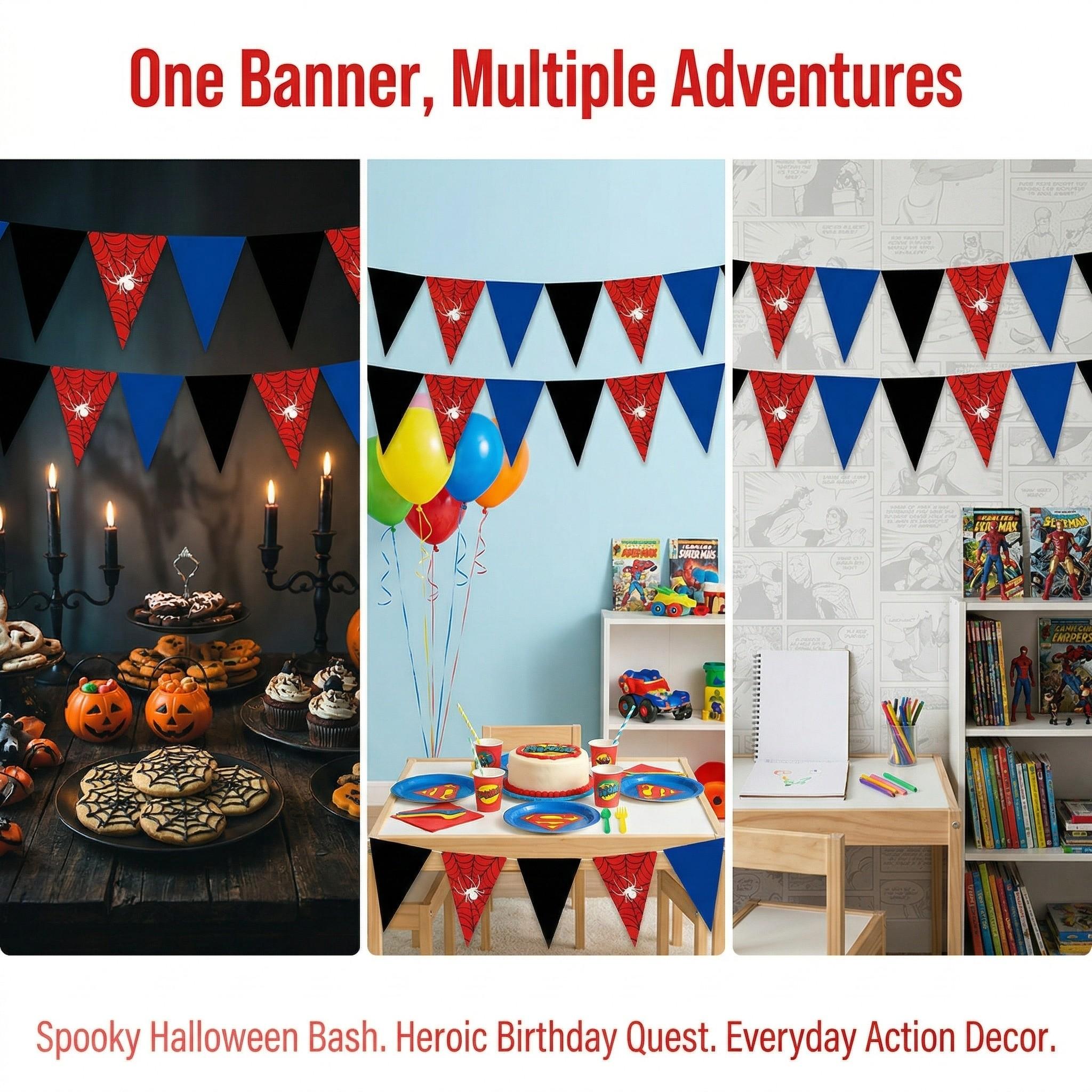12pcs set of spider-themed Halloween party supplies Happy Birthday banner party decorations, classic red, blue, and black color scheme with Spider Web pattern design triangular flags, home wall decoration, wedding anniversary, holiday celebration supplies