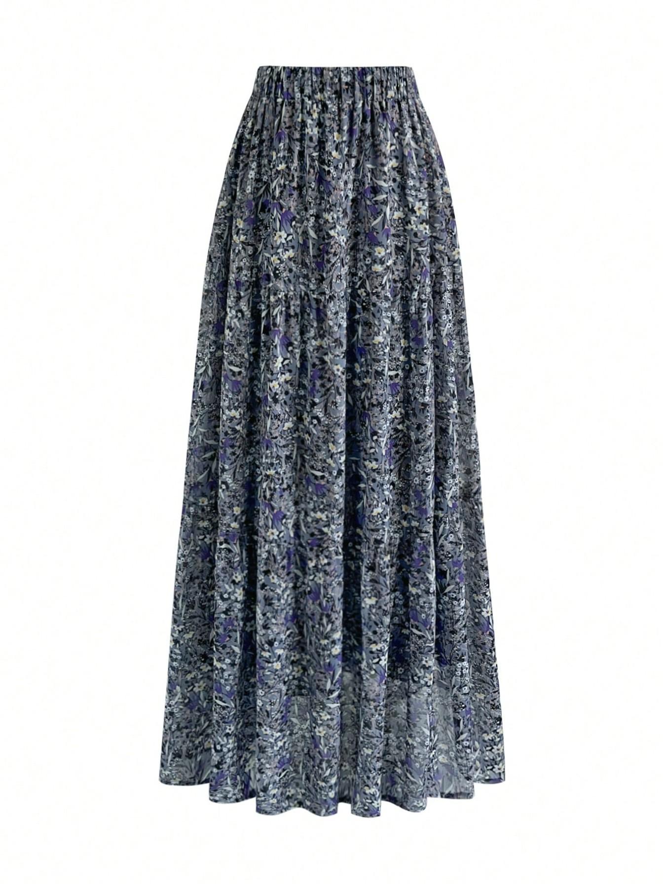 Women's Ditsy Floral Midi Skirt, Casual High-Waisted A-Line Design, Loose Fit Long Skirt for Spring & Fall, Elegant Vacation Style