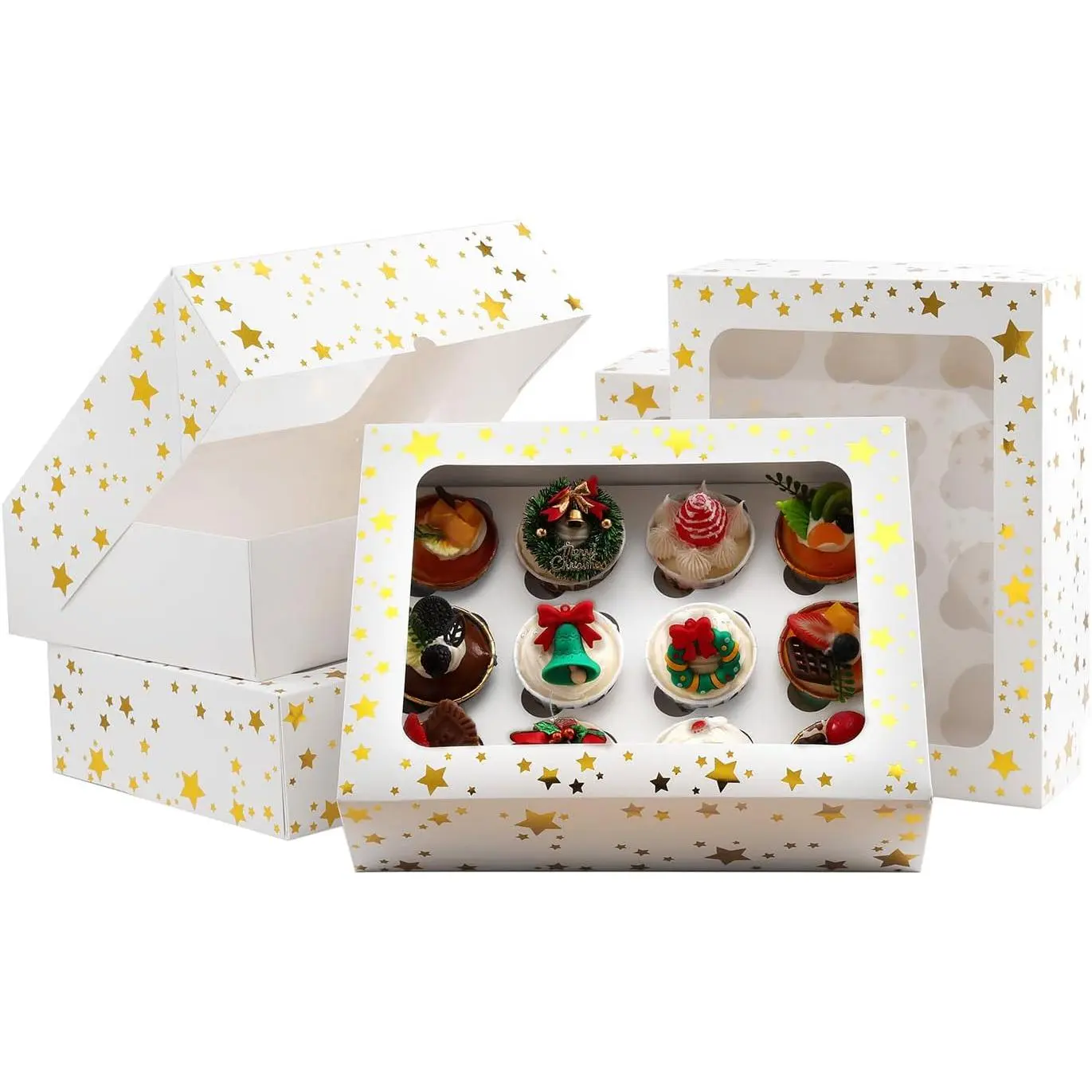15 Packs Christmas Cupcake Boxes 12 Count, 13x10x3.5 Inch   Cupcake Containers with Clear Window, Auto-Pop Up Cupcake Carrier with Inserts for Cup Cake, Cupcake Holder for Cookies and Pastry