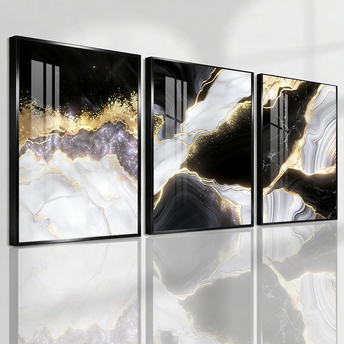 3 Counts Aluminum Alloy Framed Painting, Black White Gold Abstract Marble Art Pictures, Home Decoration For Living Room, Bedroom, Office, Restaurant, Hallway Wall Decor, Odorless Print Artwork, Luxury Perfect Gift For Friends And Family