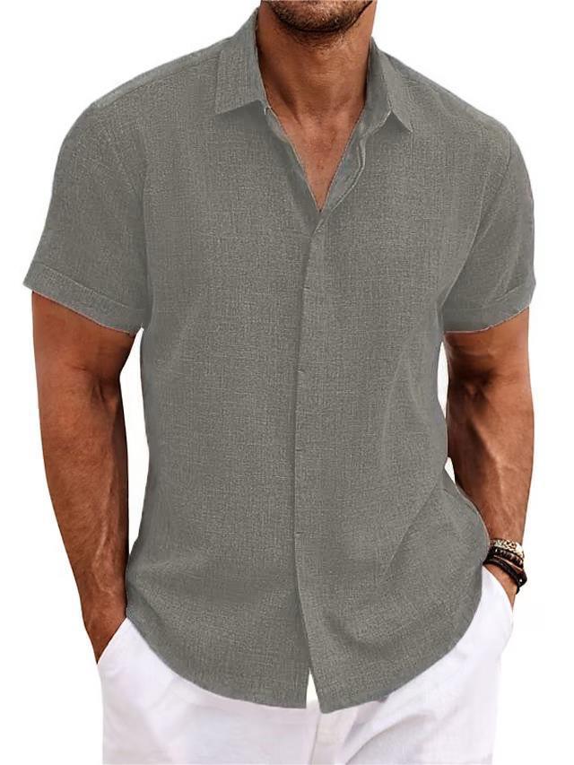 Men's Plain Linen-Polyester Short-Sleeve Button-Down Shirts - Loose-Fitting, Collared Neck, Lightweight, Breathable, Skin Friendly, Street Casual Tops for Daily, Semi-Formal Menswear