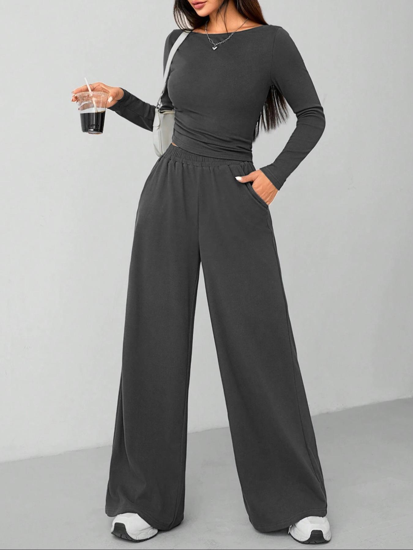 Women's Casual Long Sleeve Top & Wide Leg Pants Sporty Set, Comfortable Two-Piece Ensemble for Daily Wear, Sports Clothing Set, Athleisure Wear Set