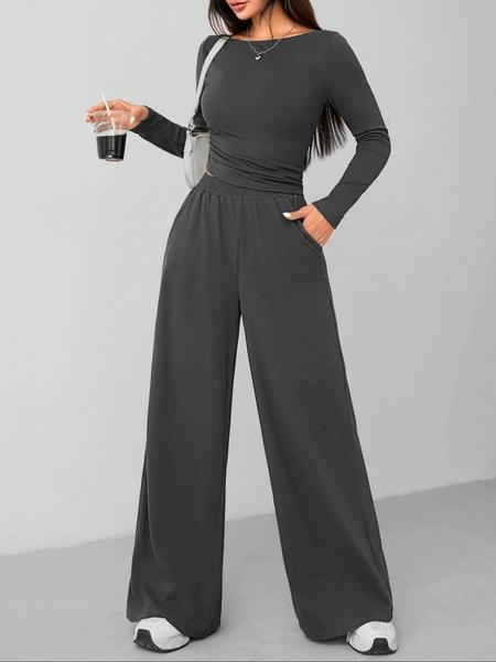 Women's Casual Long Sleeve Top & Wide Leg Pants Sporty Set, Comfortable Two-Piece Ensemble for Daily Wear, Sports Clothing Set, Athleisure Wear Set