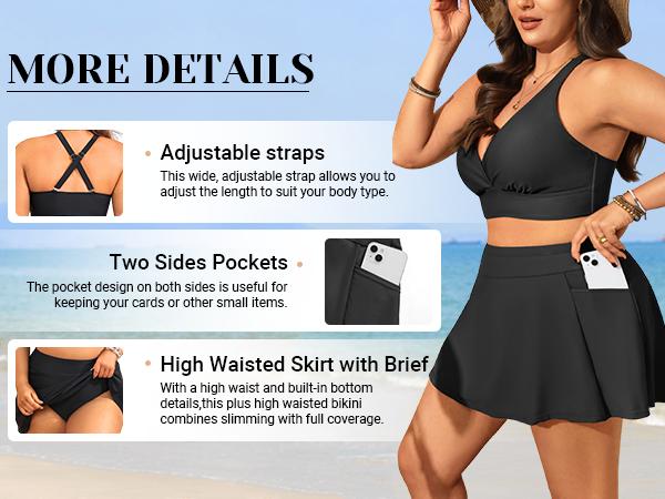 Yonique Women's Plus Size High Waisted Bikini - Two Piece Swimsuit with Skirt Tummy Control Bathing Suit with Pocket
