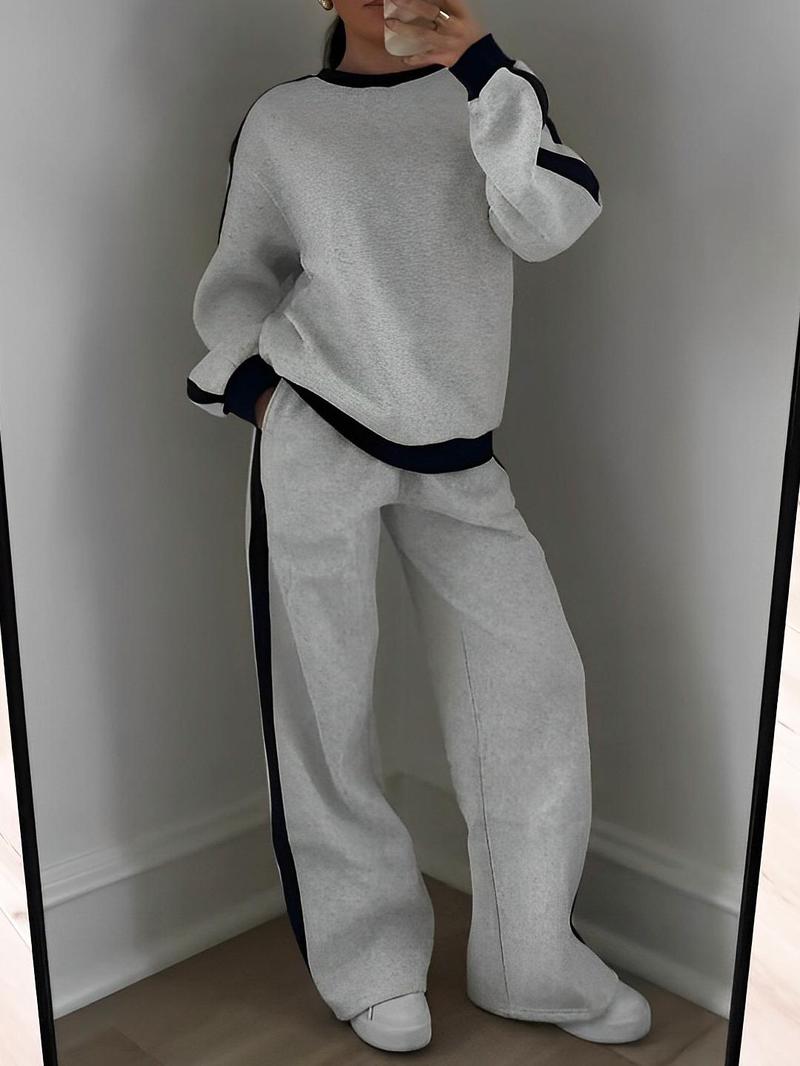 Women's Color Contrast Patchwork Causal Jogging Suit Set,Crew Neck Long Sleeve Top & Straight Trousers Set,Fashion Sweatshirt suit