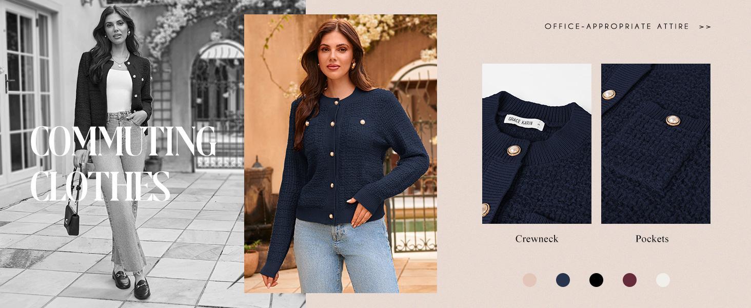 GRACE KARIN Womens Open Front Button Down Long Sleeve Texture Knit Cardigan Sweaters with Pockets