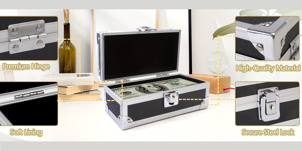 1pc Aluminum Cash Box with Lock Piggy Bank Single Row Currency Tray Acrylic Piggy Bank for Cash Collection Storage Organizer for Cashier 2. Lockable Cash Storage Box Aluminum Alloy Piggy Bank with Acry