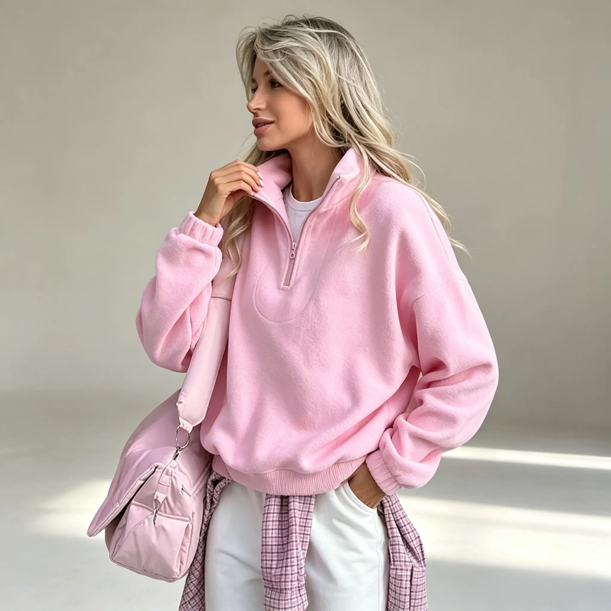 Women'S Lightweight Long Sleeve Loose Fit Pullover Half-Zip Collar Fleece Sweatshirt For Autumn & Winter
