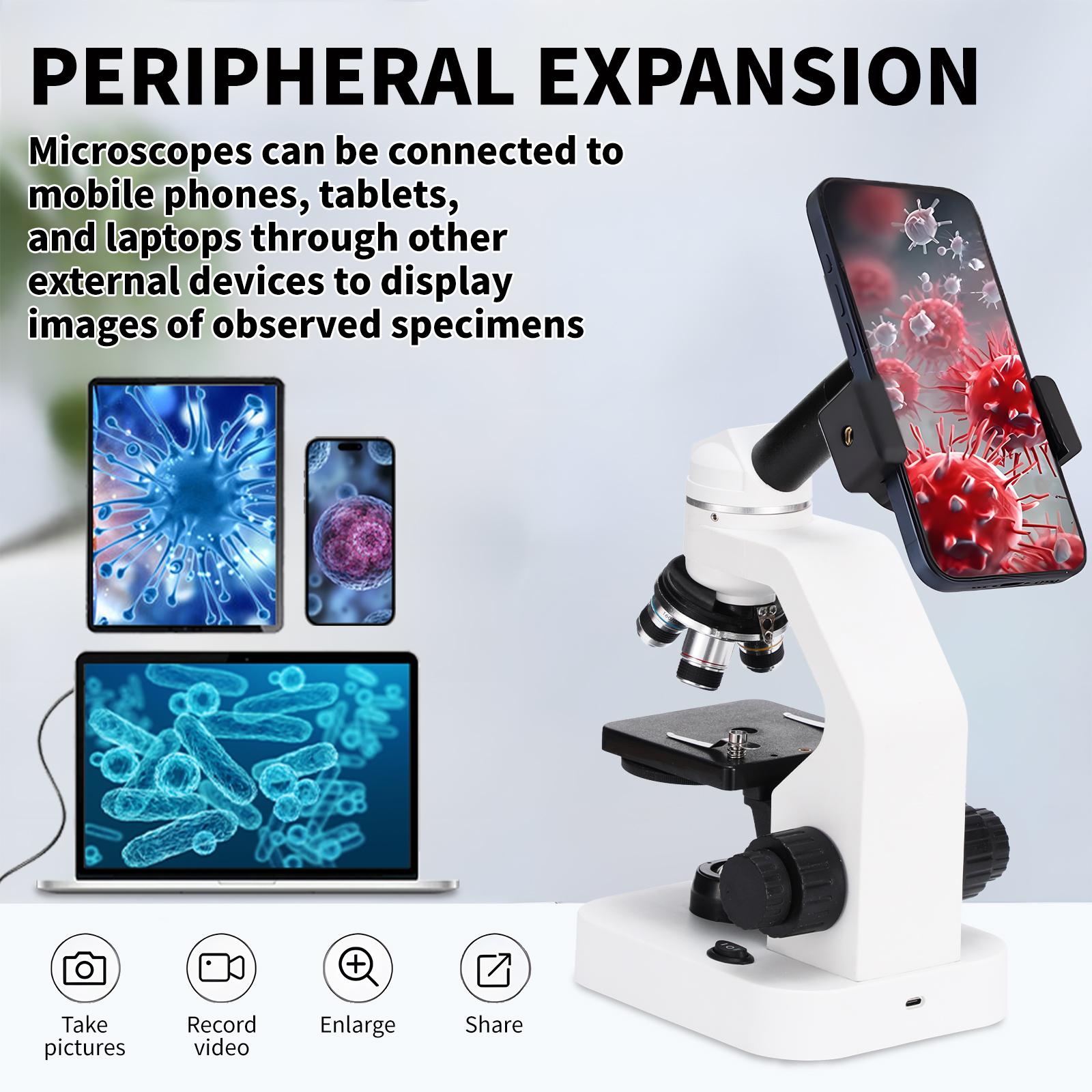 Professional composite microscope suitable for adults, children aged 8-12, and students | 2000x magnification laboratory and home microscope, with phone adapter, complete set of slides (black and white)