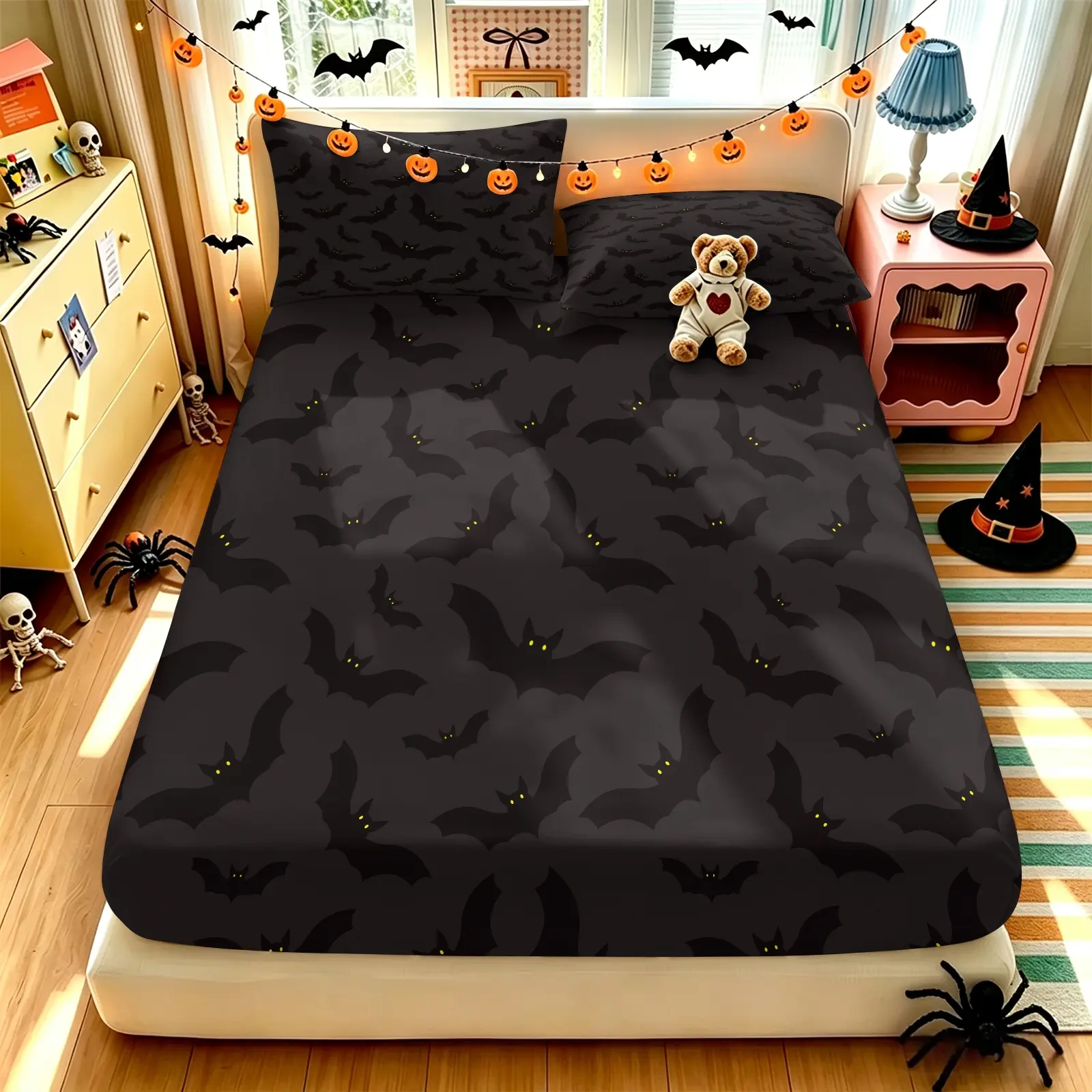 Dark Halloween Bat Fitted Sheet Set, 3-Piece Includes Sheet + 2 Pillowcases no insert, Spooky Kawaii Halloween Aesthetic Bedding Set All Size, Elastic Deep Pocket Design, HD Soft Digital Print, Wrinkle‑Resistant All‑Season Textile