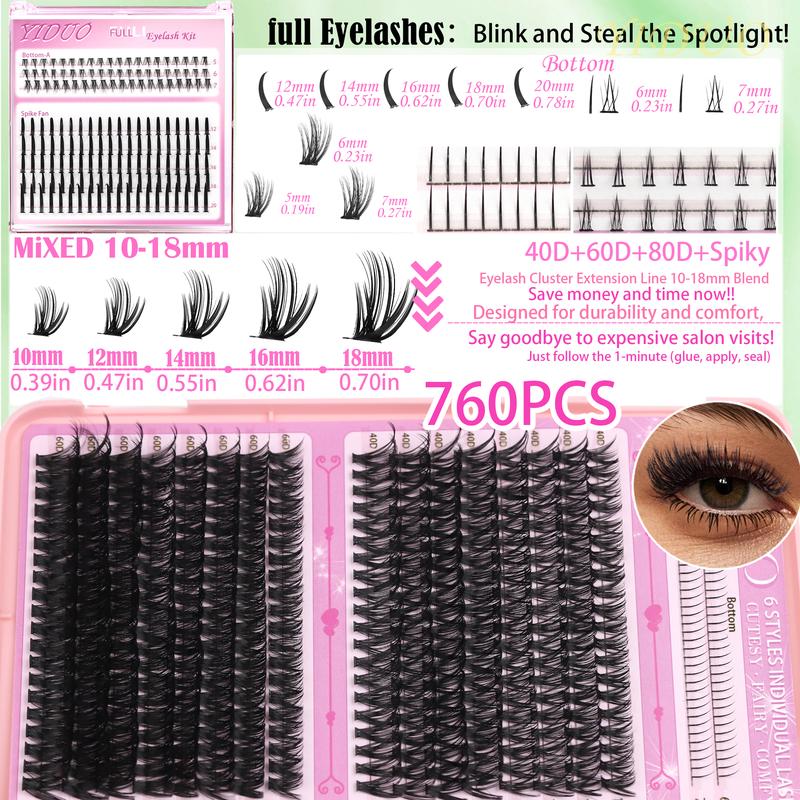 YIDUO Lash Clusters Kit Gift Packs 1846Pcs Mix Styles Lash Clusters Kit, Volume/ Mega/ Full/Spikes/Bottom Eyelash Clusters Extensions Kit With Bond and Seal makeup tools with Everything You Need for Beginners and Proficient, DIY at Home, Cosmetic