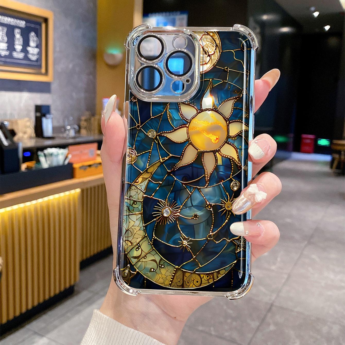 Four-corner anti-drop TPU phone case with sun and moon pattern design, suitable for iPhone 16 15 14 Pro Max 13 12 11 XR XS Plus, shockproof full camera protection, durable and slim silicone shell phone case Cover