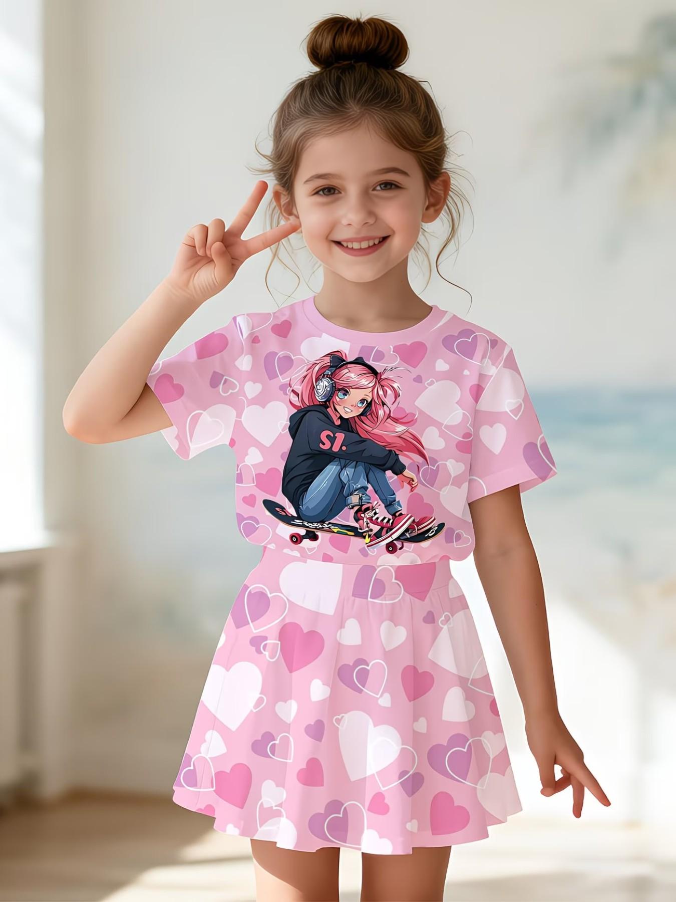 Girls' 3D Cartoon Print Skateboard Pattern Set, Casual Slim-Fitting T-Shirt and Skirt, Summer Daily Wear, Round Neck Short Sleeve