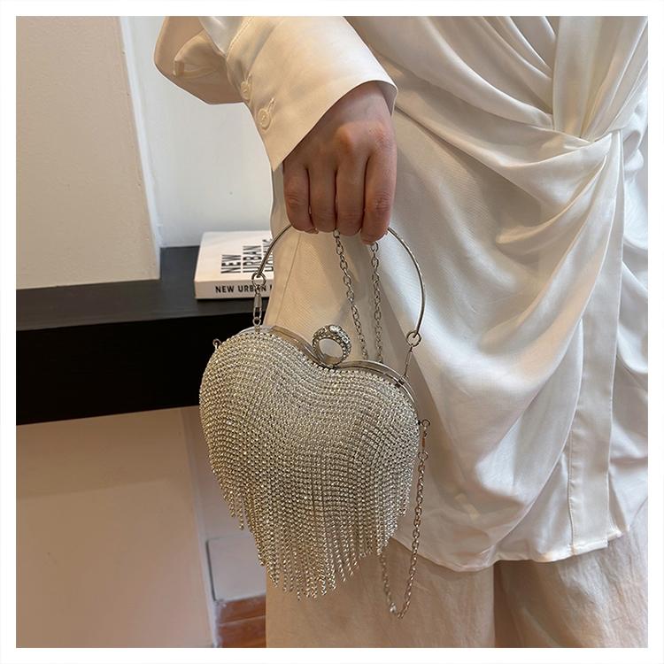 Heart-Shaped Evening Bag for Women, Tassel Sparkle Rhinestone Party Clutch, Elegant Prom Ballroom Handbag, Stylish Banquet Purse