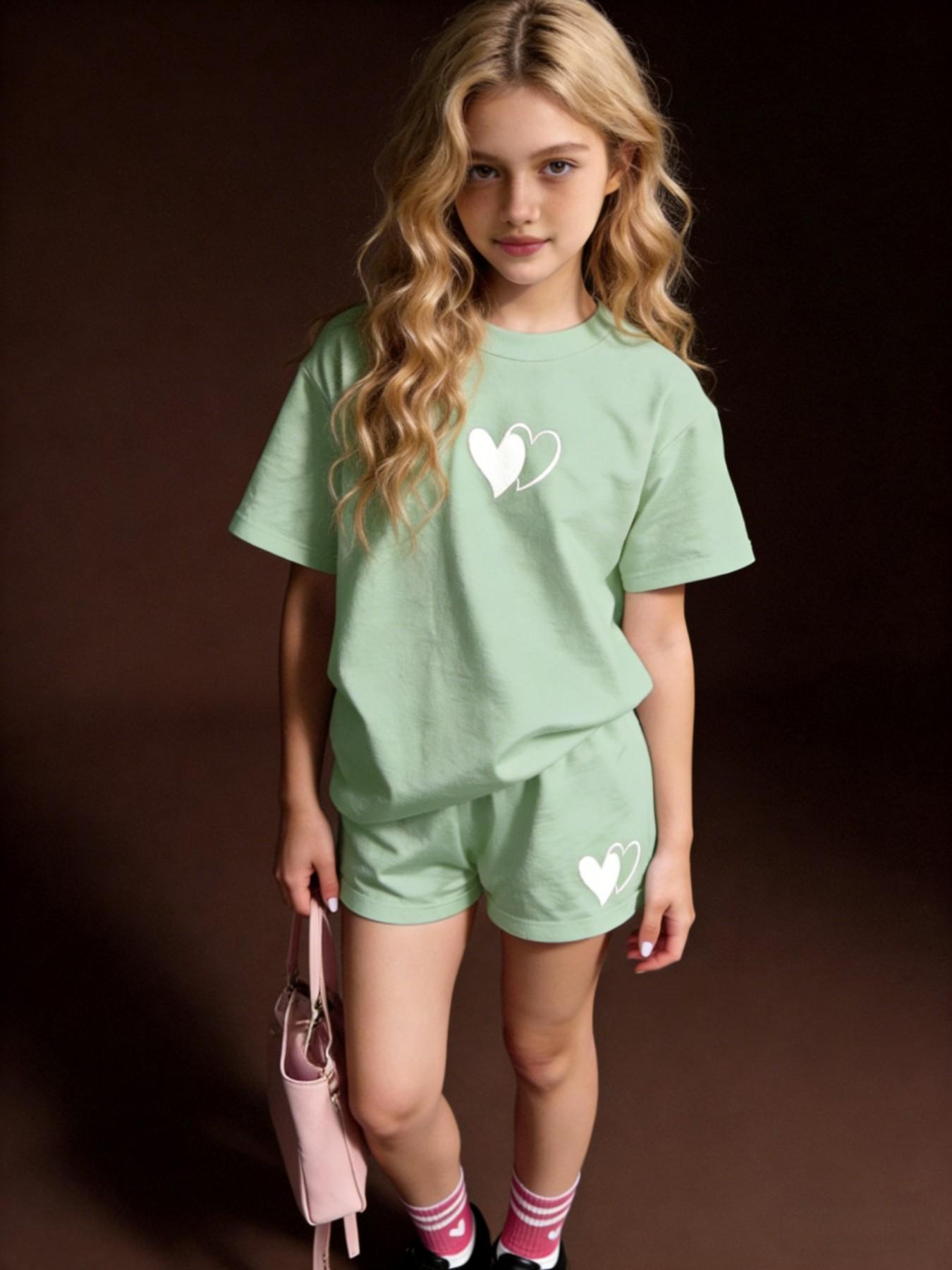 School-Style Set: Girls' Comfortable Summer Short-Sleeve T-Shirt and Shorts Two-Piece Set for School; Girls' Activewear with Printed Design; Girls' Round-Neck Short-Sleeve T-Shirt—Casual and Fashionable Summer Clothing for Kids