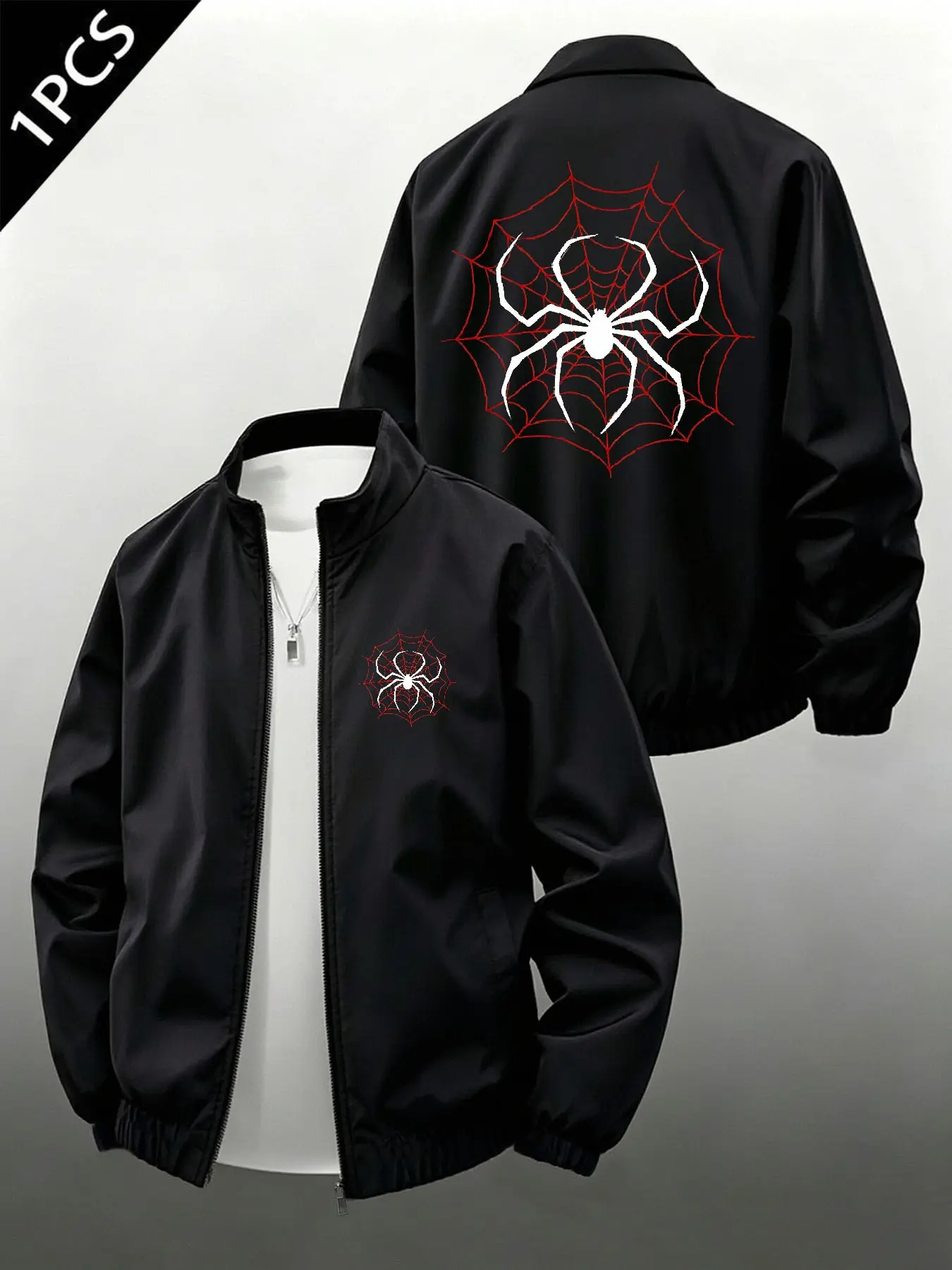 Men's Spider Web Print Stand Collar Zip-Up Jacket, Loose Streetwear Outerwear With Elastic Cuffs And Hem, Suitable For Daily, Outdoor And Night Casual Outfits