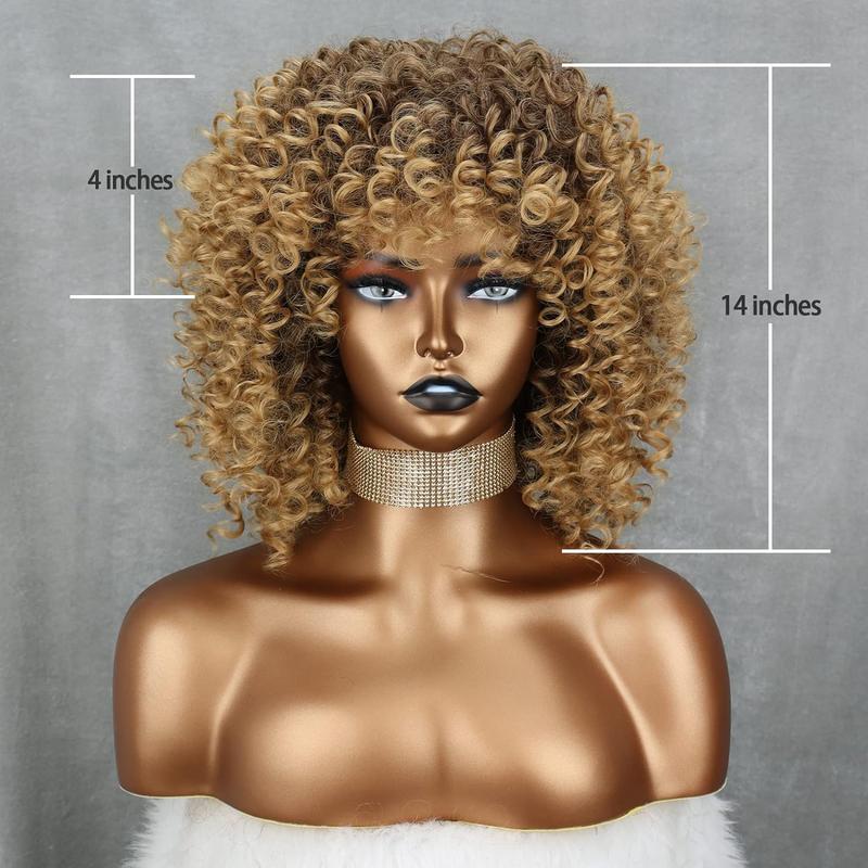 Missqueen 14 inch Blonde Curly Wigs 70s, Kinky Brown Mixd Blonde Afro Wigs for Black Women, Synthetic Afro Curly Blonde Wigs for Women (Brown to Blonde)