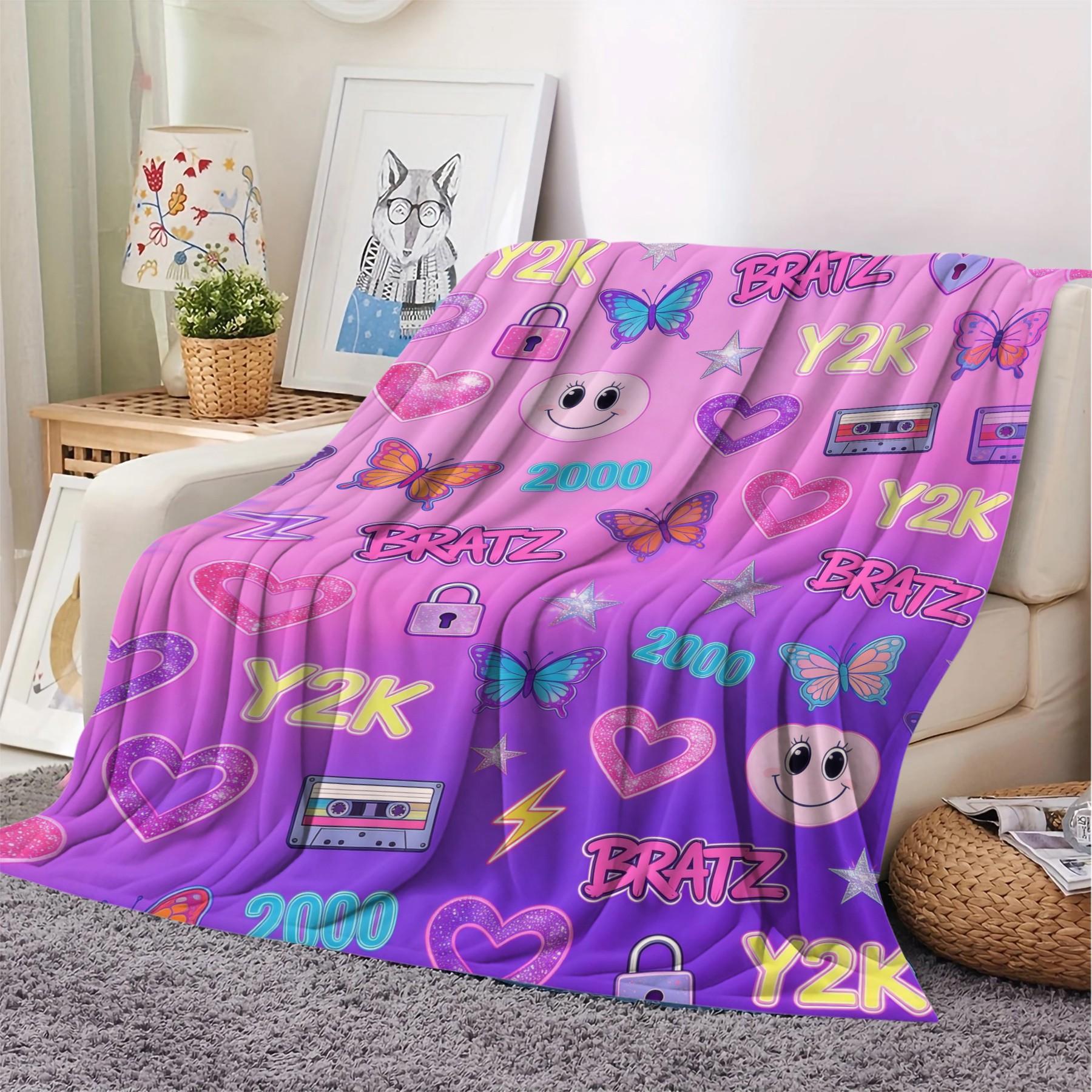 Bratz Y2K Flannel Blanket, Retro Cassette Butterfly Print Blanket, Office Nap Blanket, Multi-Use Blanket, Suitable For Bedroom Bedding Sofa Nap Drama Watching Throw, All-Season Use