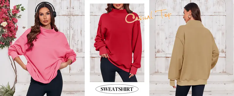 FISOEW 2026 Women's Oversized High Neck Long Sleeve Cotton Hoodie - Basic, Cute Tops, Party Casual Fall Grey Bistro Ditch Masked Graphic Streetwear Sweatshirt, Clothes for Women
