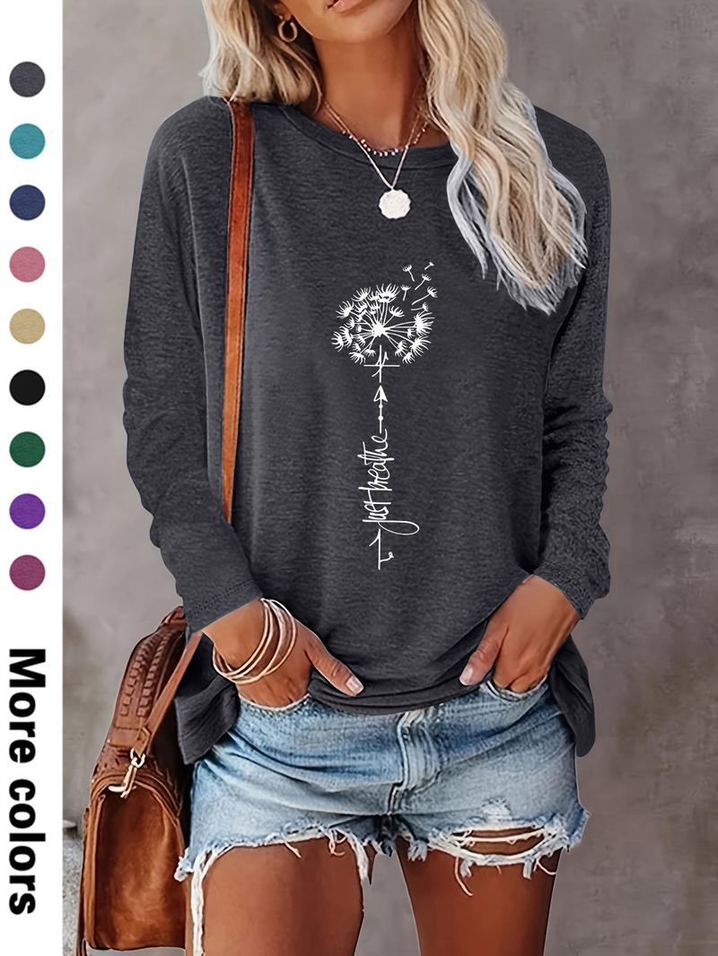 Women's Floral & Letter Print Crew Neck Tee, Fashion Casual Long Sleeve T-shirt for Daily Outdoor Wear, Ladies Clothes for Spring & Fall