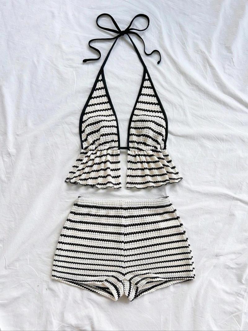 Women's Sexy Colorblock Backless Bow Tie Ruffle Top and Shorts Set, Striped Pineapple Beach Vacation, Two-Piece Summer Ensemble