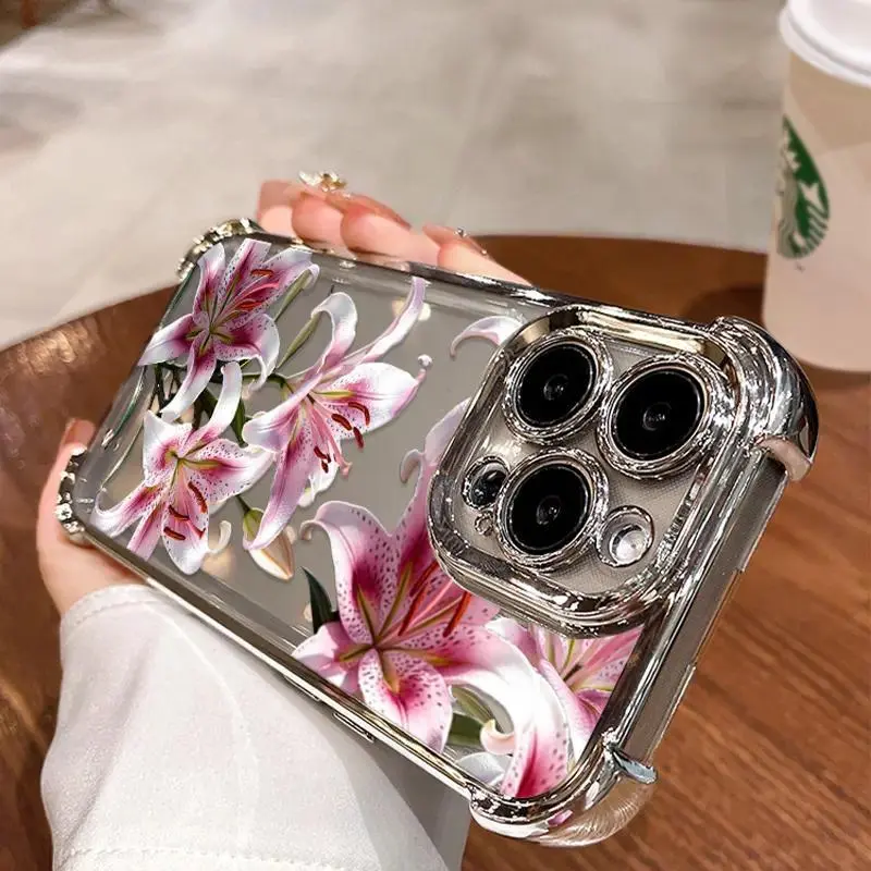 Vintage Lily Flower Floral Clear Phone Case with Rose Gold Ornate Metallic Camera Border and Anti-Fall Bumper Corners for iPhone17 16 15 14 13 Pro Max