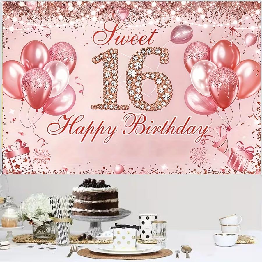 Diamond Sweet 16th Birthday Backdrop Banner, Balloon Sign, Polyester Material, Party Decor, Indoor Outdoor, Gift Idea