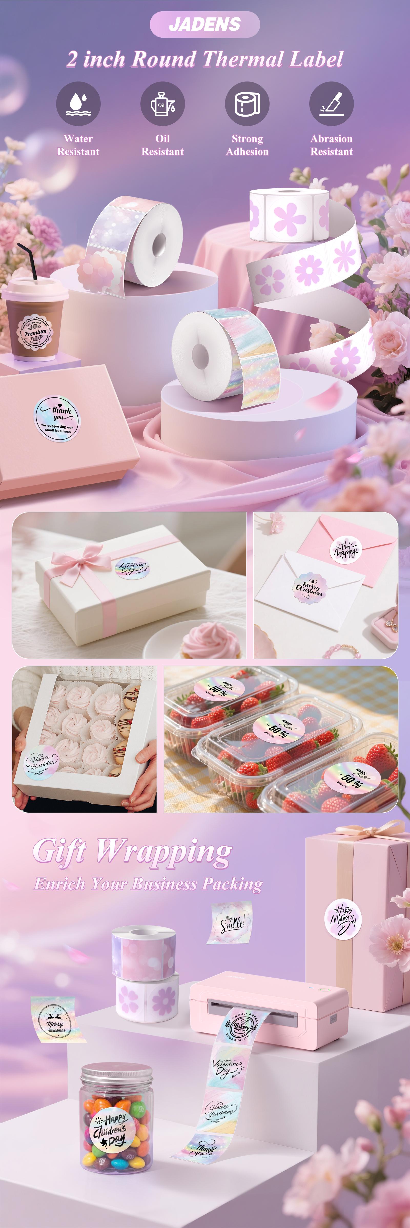 JADENS 2 Inch Circle Thermal Sticker Labels, Self-Adhesive Round Direct Thermal Labels for Business&Home, 750 Sheets/1 Roll,3 Roll Mixed Packages(Rainbow,Floral,Bubble) JADENS 2 Inch Circle Thermal Sticker Labels, Self-Adhesive Round Direct Thermal Labels for Business&Home, 750 Sheets/1 Roll,3 Roll Mixed Packages(Rainbow,Floral,Bubble)