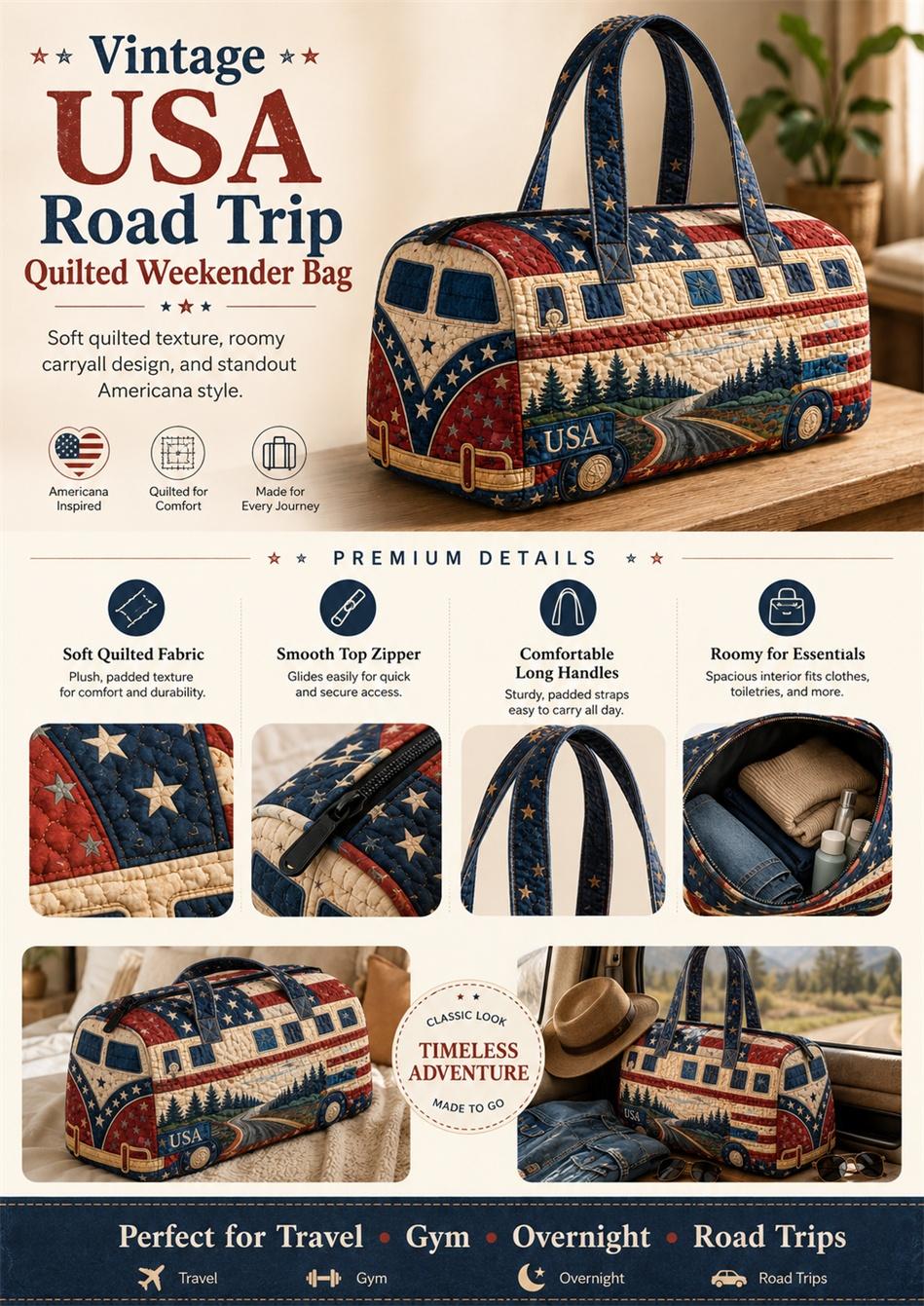 Patriotic USA Quilted Duffle Bag, American Flag Travel Bag for Weekend Trips, Carry On Overnight Tote, Vintage Camper Van Gym Bag for Women & Men