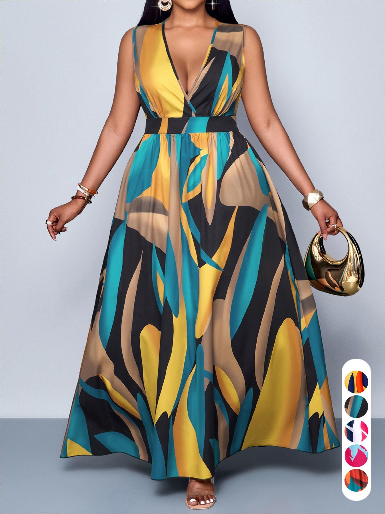 Plus Size Women's Elegant Casual Boho Chic Summer Plant Print V-Neck Sleeveless High Waist A-Line Dress for Leisure, Vacation & Outdoor loose fit fashion forward special occasion oversized