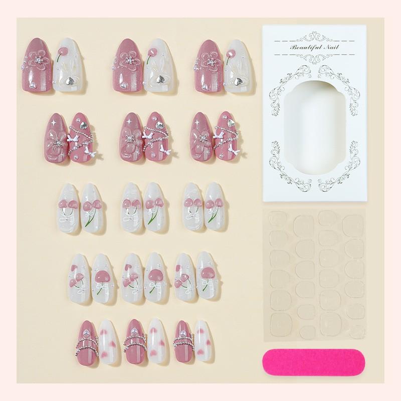 Pastel Pink Cherry & Bow Cat Eye Press On Nails, 3D Epoxy Love Heart, Low Saturation Nude Tone, Sweet Gentle Fresh Style, Pearl Chain & Rhinestone Bling Luxury Wearable False Nails