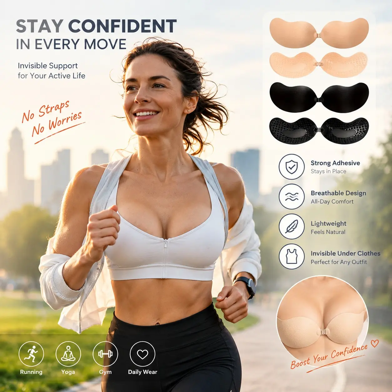 2 Pieces Invisible Backless Push-Up Bra with Seamless Front Closure, Self-Adhesive Breathable Silicone Bra in Nude and Apricot Colors, Ideal for Dresses, Parties and Halloween Looks, Women