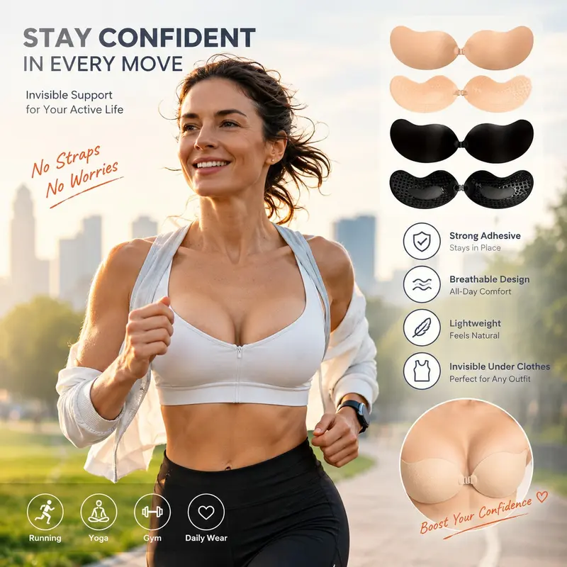 2 Pieces Invisible Backless Push-Up Bra with Seamless Front Closure, Self-Adhesive Silicone Bra in Nude and Apricot Colors, Ideal for Dresses, Parties and Halloween Looks, Women, Fit