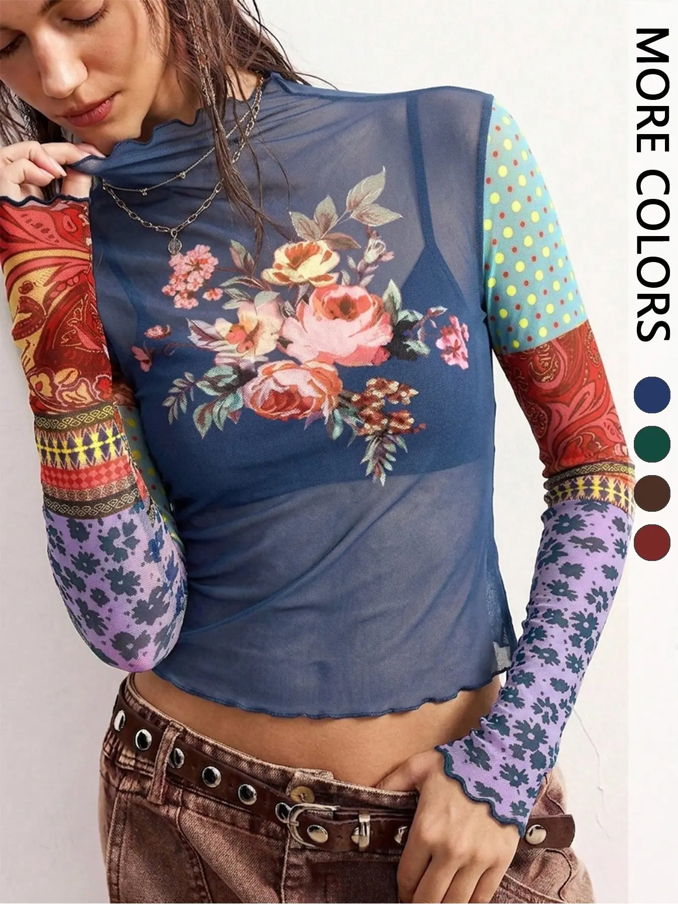 Y2K Floral Sheer Mesh Crop Top Contrast Patchwork Long Sleeve Shirt