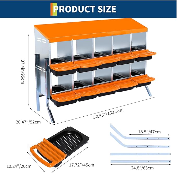 Chicken Nest Box, Rollaway Chicken Nesting Box, 2-Tiers Large Mental Hen Roll-Off Layer Box with Extra Large Openings, Resting Platform, Waterproof Sloped Roof, Easy Clean Removable Tray
