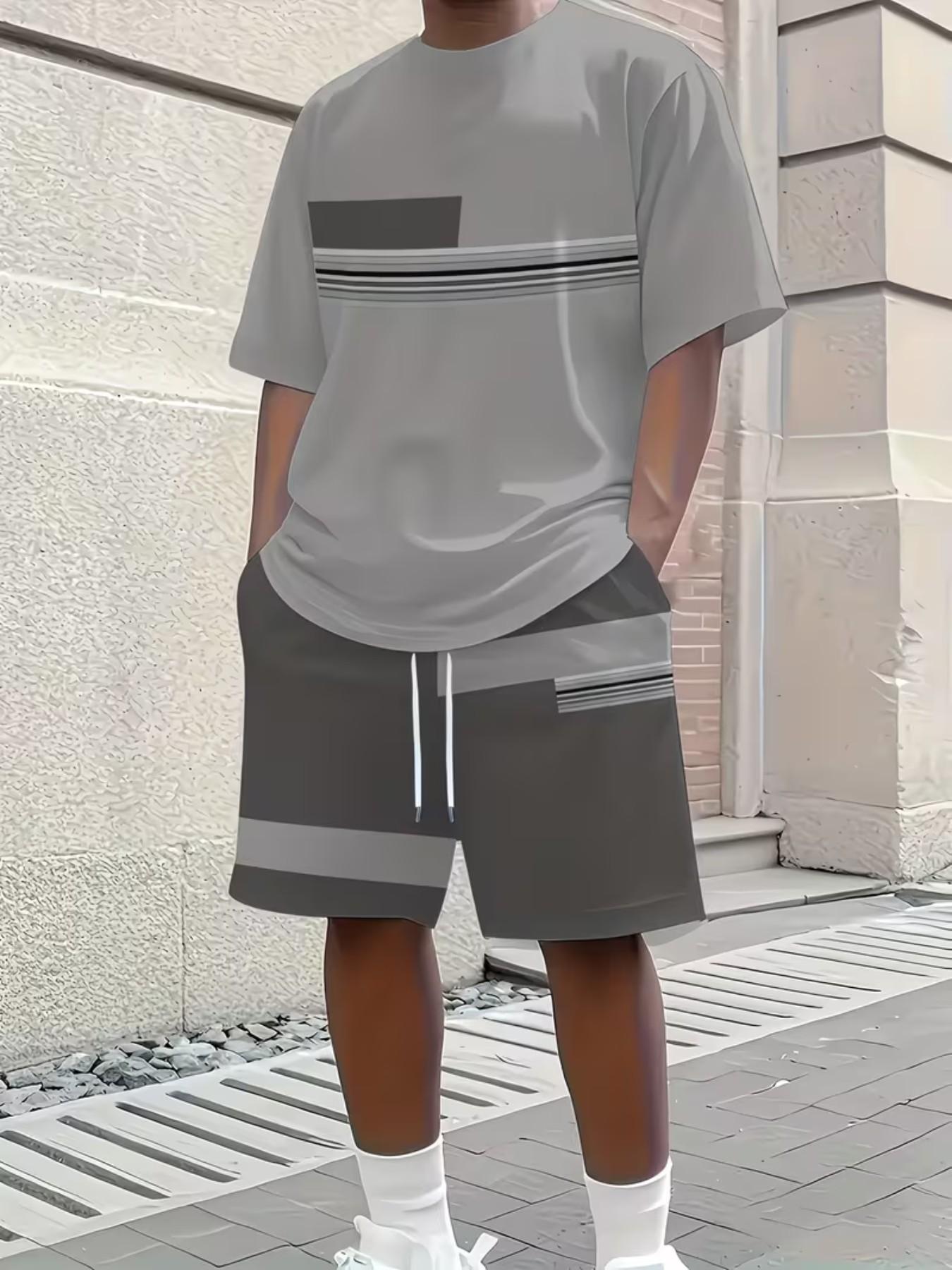 Men's Outdoor Set, Summer Fashion Short Sleeve Crew Neck Quick-Dry T-Shirt + Shorts, 3D Digital Print, Casual Fitness Wear, Gift Idea