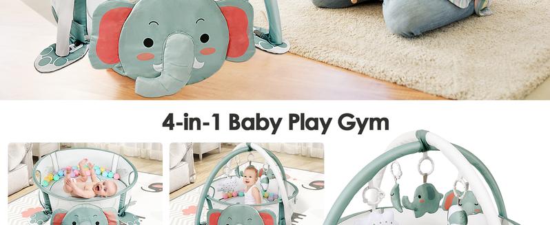 Dearlomum 4-in-1 Baby Play Mat Elephant Gym Tummy Time Mat for Floor Activity with 30 Balls & 5 Sensory Toys for Newborn Toddler Boy & Girl Gifts Playpen Cute