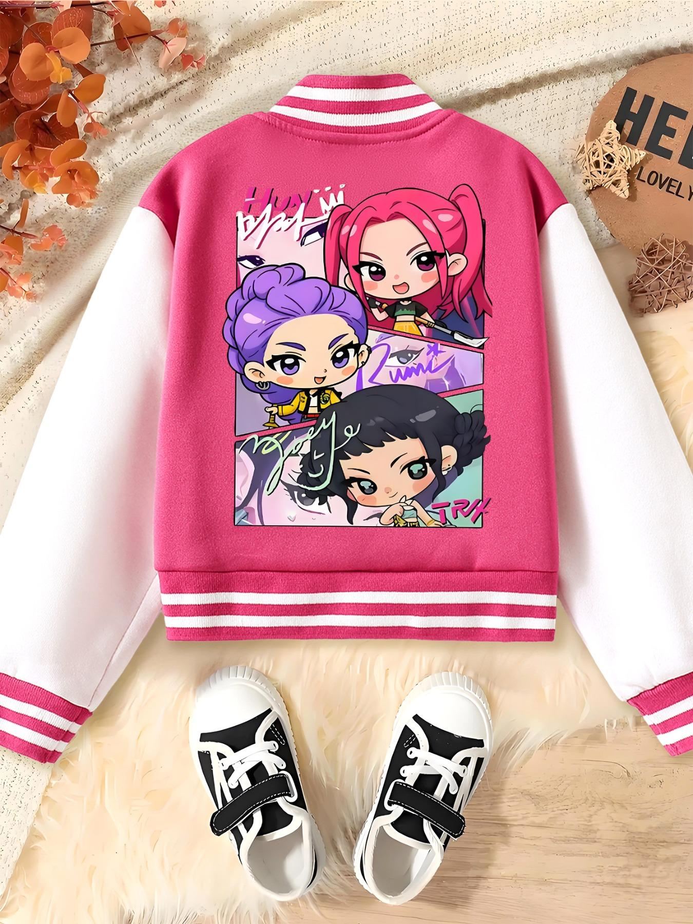 Girls Baseball Jacket Coat, Collared Jacket, Cartoon Design, Elastic Fabric, Fitted Style, Fall & Winter School Uniform, Outdoor Indoor Sports Wear