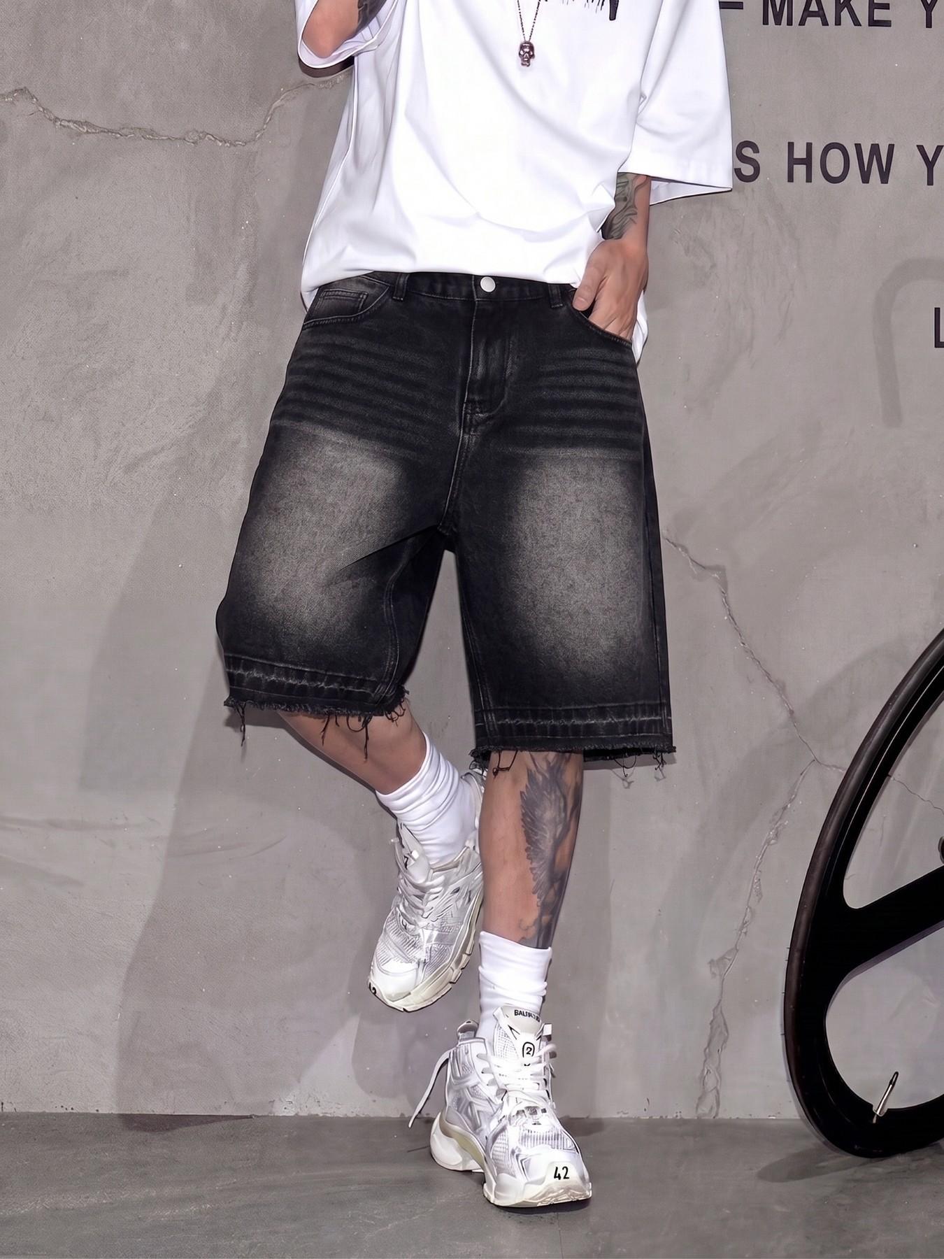 Men's Retro Washed Distressed Denim Jean Shorts, Casual Straight Fit, Vintage Distressed Bleached Design with Frayed Hem, Y2K American Streetwear Denim Shorts