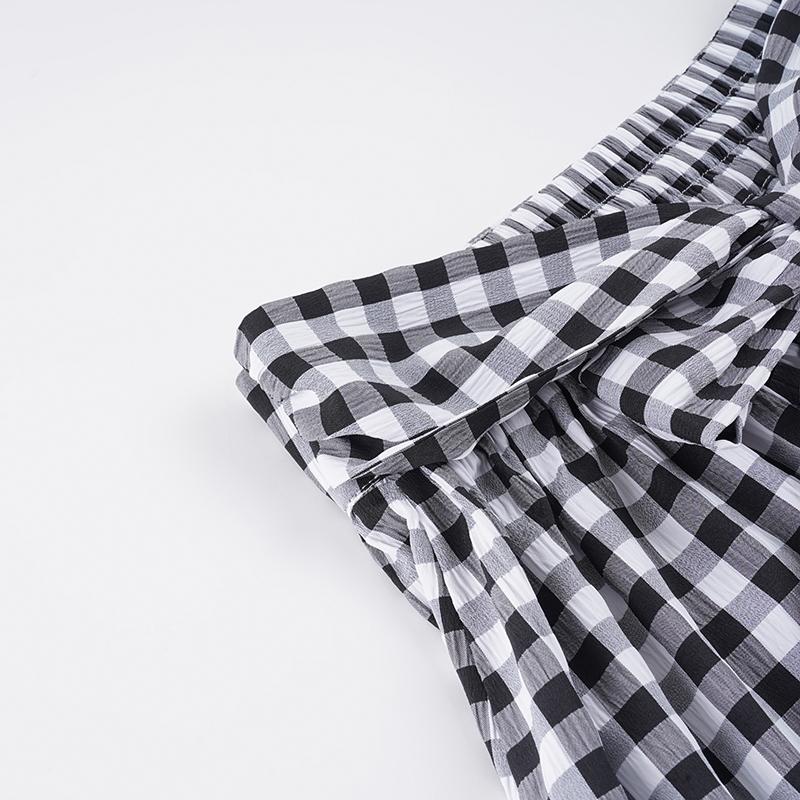 Academic Style Plaid Print Colorblock Loose A-Line Bow Tie Midi Skirt, Women's Pleated Casual Preppy Skirt, Original Hostess Wind
